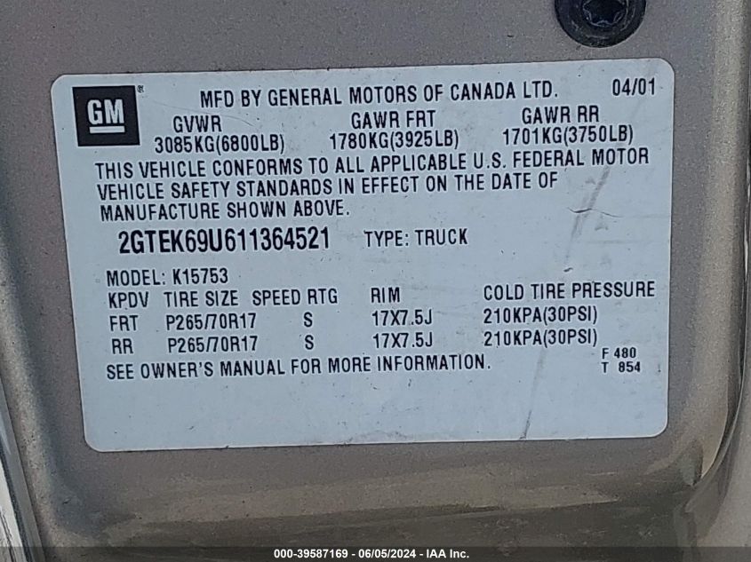 2001 GMC Sierra 1500 C3 VIN: 2GTEK69U611364521 Lot: 39587169