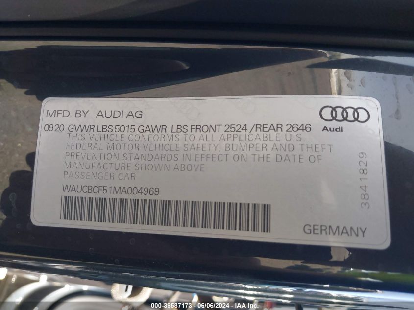 2021 Audi A5 Sportback Premium Plus 40 Tfsi Quattro S Tronic VIN: WAUCBCF51MA004969 Lot: 39587173