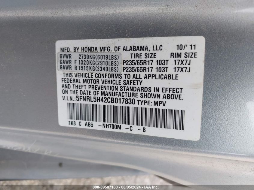 2012 Honda Odyssey Ex VIN: 5FNRL5H42CB017830 Lot: 39587180