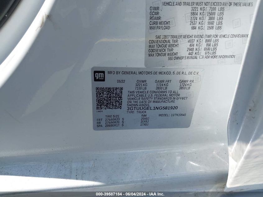 2022 GMC Sierra 1500 VIN: 3GTUUGEL1NG581920 Lot: 39587184