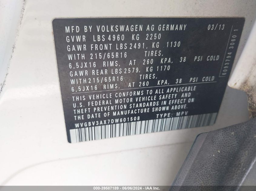 2013 VOLKSWAGEN TIGUAN S - WVGBV3AX7DW601508