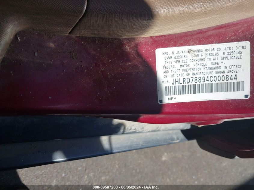 2004 Honda Cr-V Ex VIN: JHLRD78894C000844 Lot: 39587200