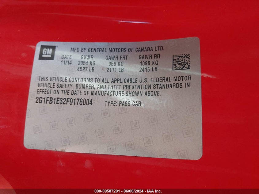 2015 Chevrolet Camaro 2Ls VIN: 2G1FB1E32F9176004 Lot: 39587201
