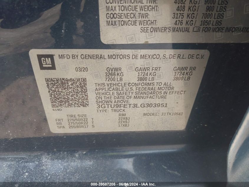 2020 GMC Sierra 1500 4Wd Short Box Denali VIN: 3GTU9FET3LG303951 Lot: 39587205