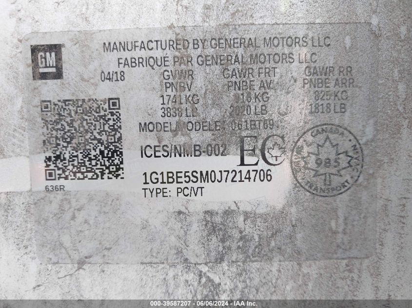 2018 Chevrolet Cruze Lt Auto VIN: 1G1BE5SM0J7214706 Lot: 39587207