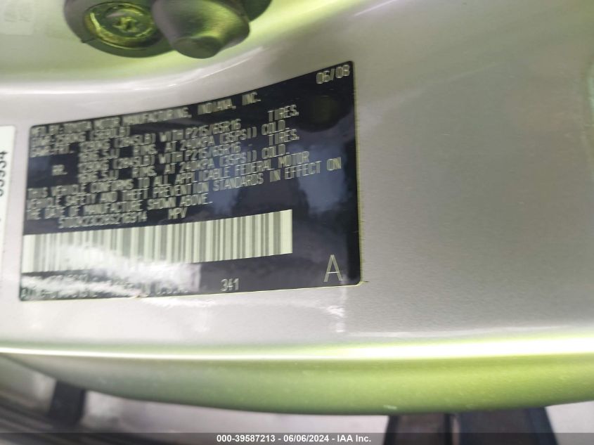 2008 Toyota Sienna Le VIN: 5TDZK23C28S216914 Lot: 39587213