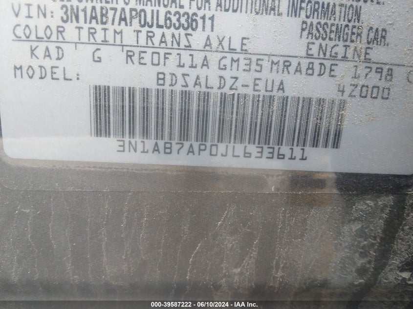 2018 Nissan Sentra Sv VIN: 3N1AB7AP0JL633611 Lot: 39587222