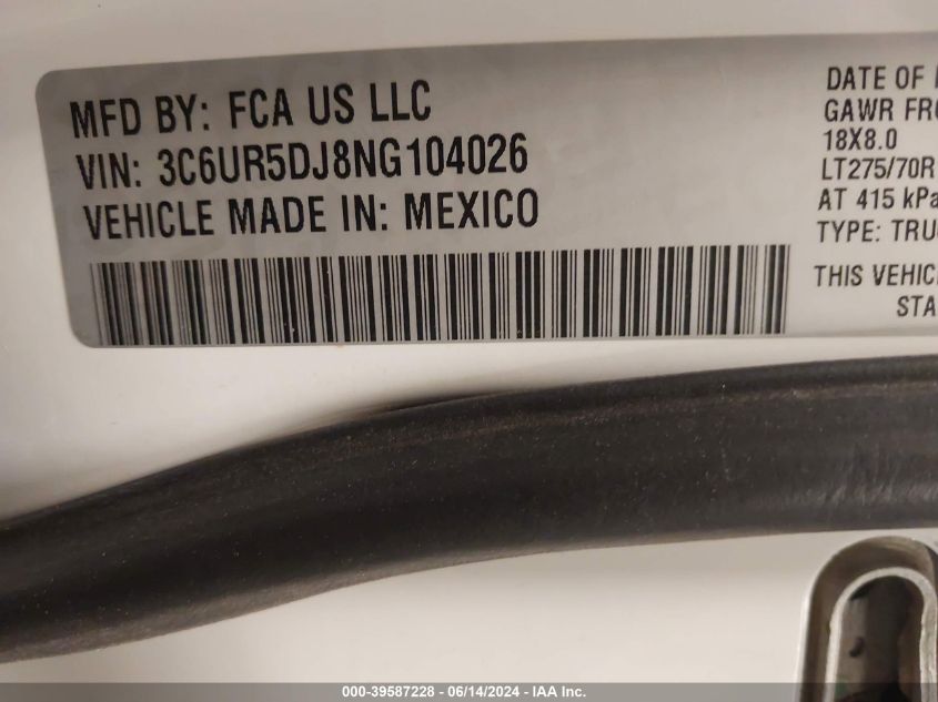 2022 Ram 2500 Big Horn 4X4 6'4 Box VIN: 3C6UR5DJ8NG104026 Lot: 39587228