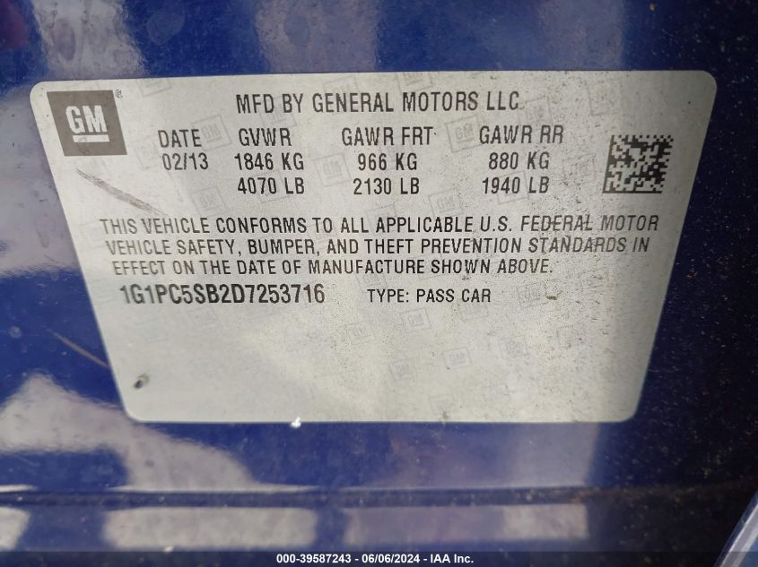 2013 Chevrolet Cruze 1Lt Auto VIN: 1G1PC5SB2D7253716 Lot: 39587243