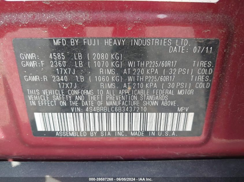 2011 Subaru Outback 2.5I Limited VIN: 4S4BRBLC6B3437210 Lot: 39587268