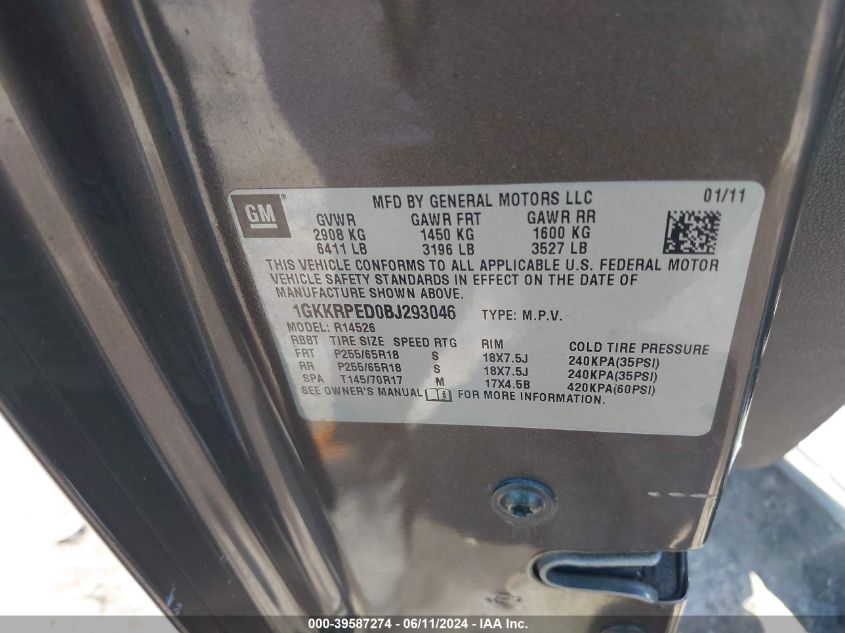 2011 GMC Acadia Sle VIN: 1GKKRPED0BJ293046 Lot: 39587274