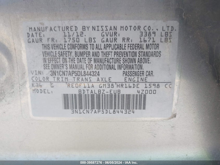 2013 Nissan Versa 1.6 Sv VIN: 3N1CN7AP5DL844324 Lot: 39587276