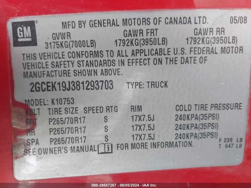 2008 Chevrolet Silverado 1500 Lt1 VIN: 2GCEK19J381293703 Lot: 39587287