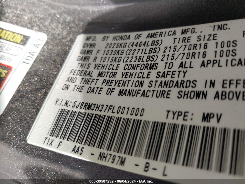 2015 Honda Cr-V Lx VIN: 5J6RM3H37FL001000 Lot: 39587292