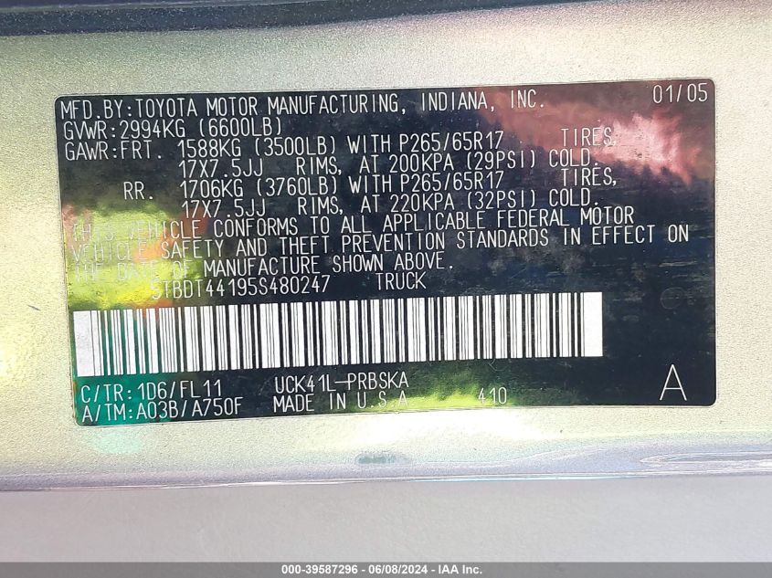 2005 Toyota Tundra Sr5 V8 VIN: 5TBDT44195S480247 Lot: 39587296