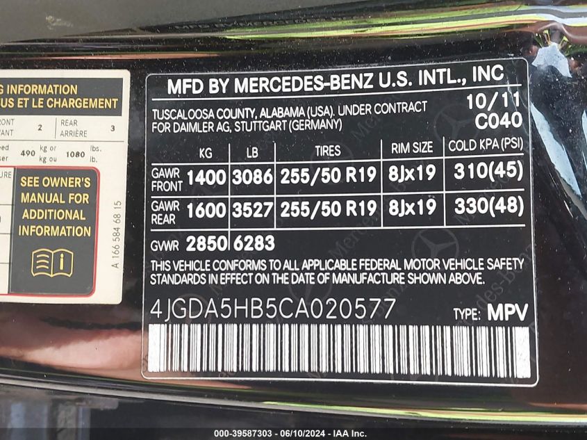 2012 Mercedes-Benz Ml 350 4Matic VIN: 4JGDA5HB5CA020577 Lot: 39587303