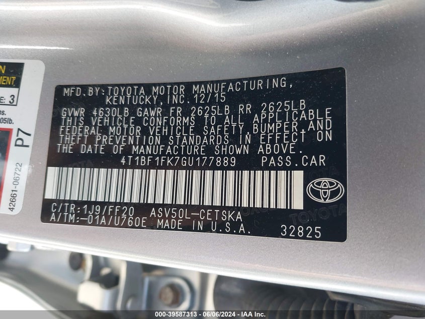 2016 Toyota Camry Se VIN: 4T1BF1FK7GU177889 Lot: 39587313