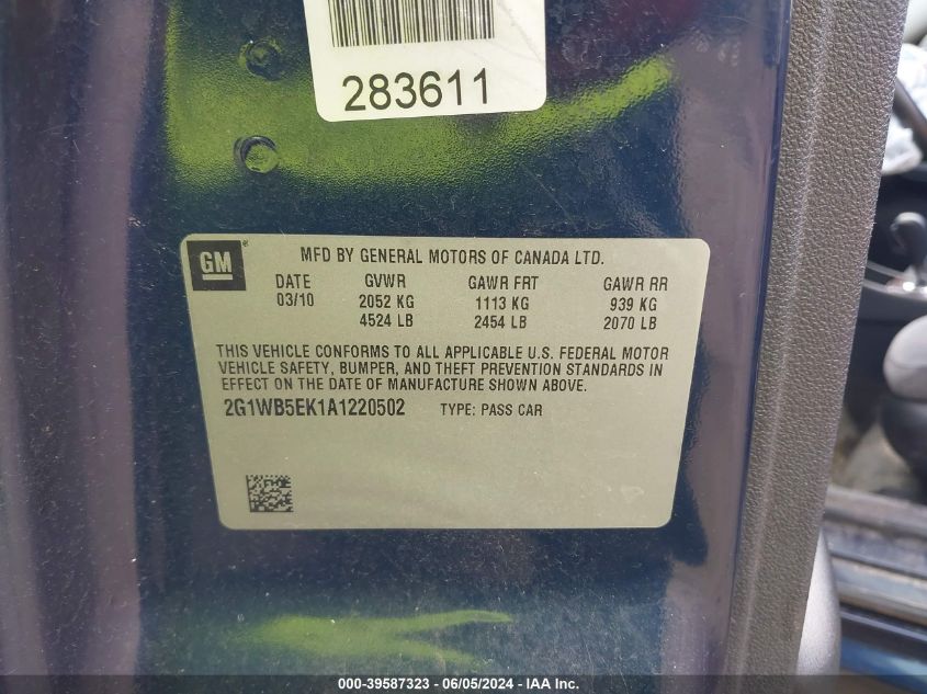 2010 Chevrolet Impala Lt VIN: 2G1WB5EK1A1220502 Lot: 39587323