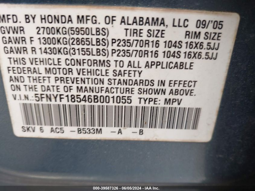 2006 Honda Pilot Ex-L VIN: 5FNYF18546B001055 Lot: 39587326