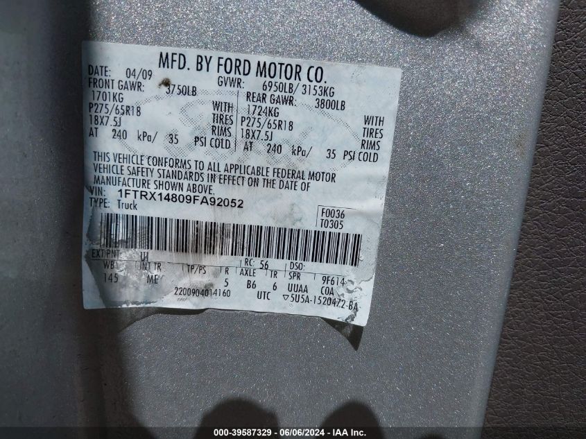 2009 Ford F-150 Stx/Xl/Xlt VIN: 1FTRX14809FA92052 Lot: 39587329