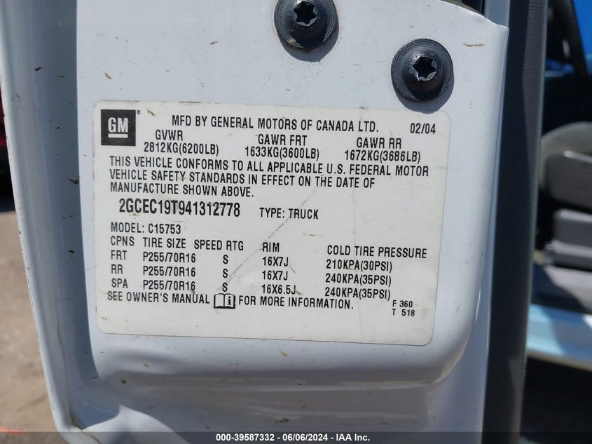 2004 Chevrolet Silverado 1500 Ls VIN: 2GCEC19T941312778 Lot: 39587332