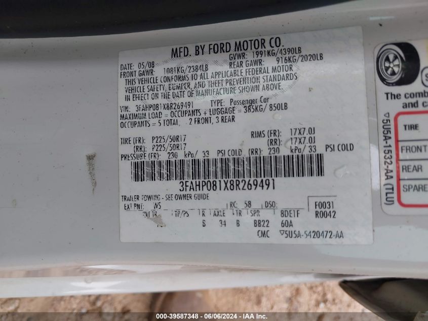 2008 Ford Fusion Sel VIN: 3FAHP081X8R269491 Lot: 39587348