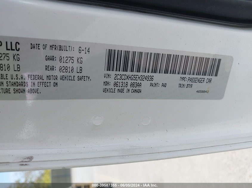 2014 Dodge Charger Sxt VIN: 2C3CDXHG5EH324936 Lot: 39587355