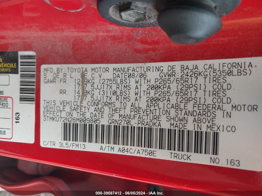 2006 Toyota Tacoma Prerunner V6 VIN: 3TMKU72N26M009805 Lot: 39587412