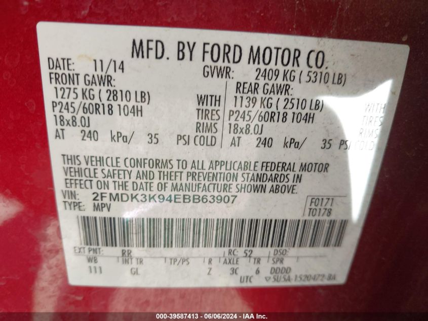 2014 FORD EDGE LIMITED - 2FMDK3K94EBB63907