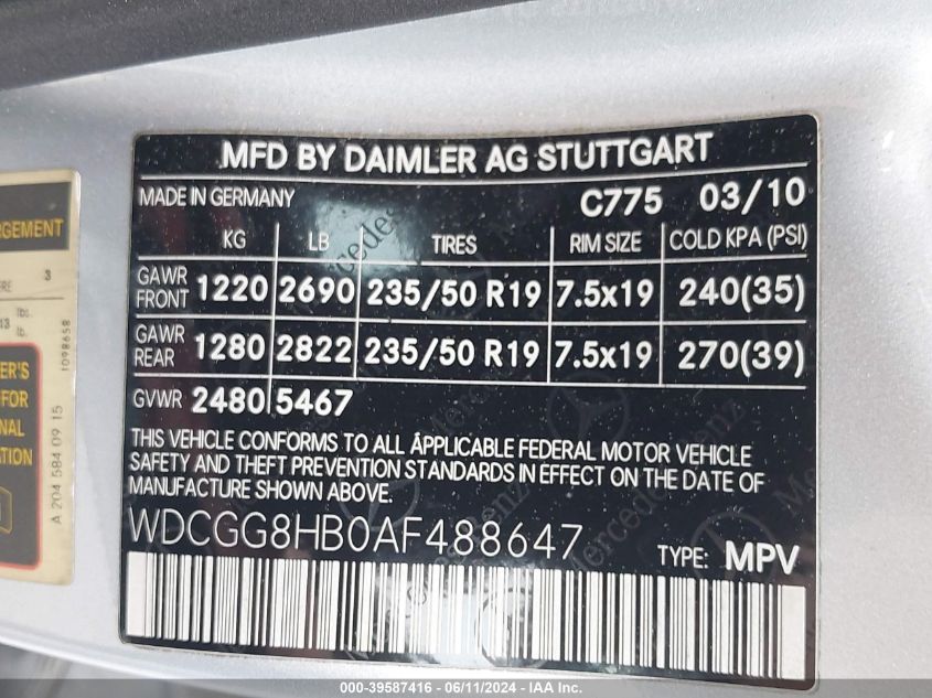 WDCGG8HB0AF488647 2010 Mercedes-Benz Glk 350 4Matic