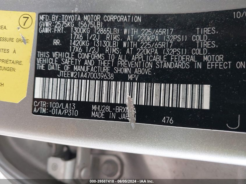 2007 Toyota Highlander Hybrid Limited V6 VIN: JTEEW21A470039638 Lot: 39587418