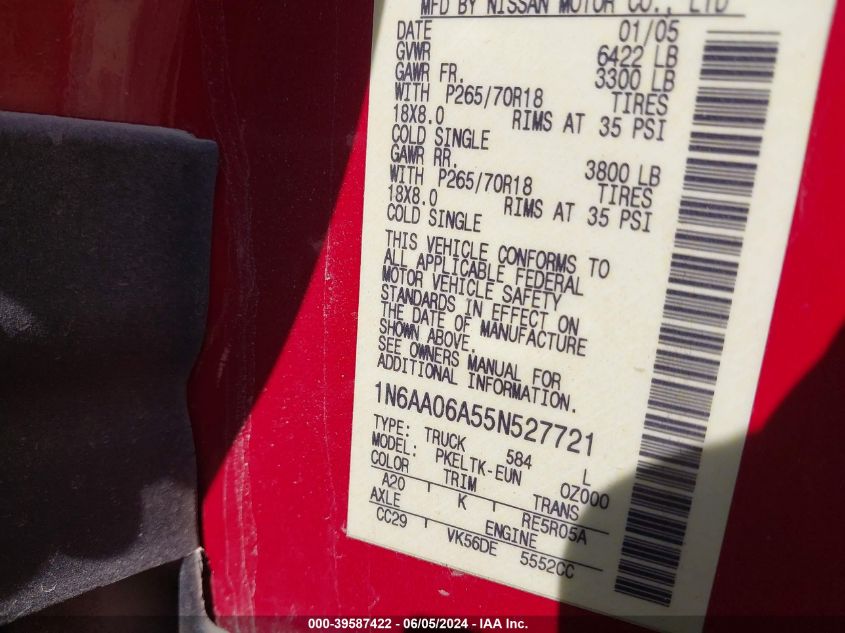 2005 Nissan Titan Se VIN: 1N6AA06A55N527721 Lot: 39587422