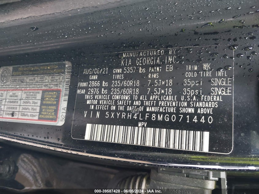 2021 Kia Sorento Ex VIN: 5XYRH4LF8MG071440 Lot: 39587428