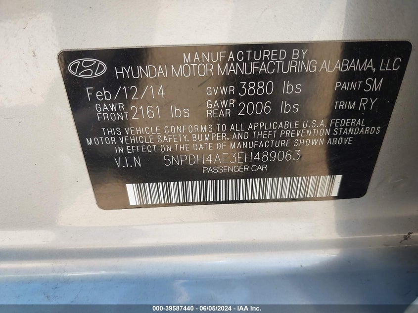 2014 Hyundai Elantra Limited VIN: 5NPDH4AE3EH489063 Lot: 39587440