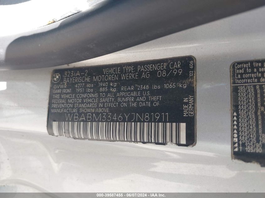 2000 BMW 323Ci VIN: WBABM3346YJN81911 Lot: 39587455