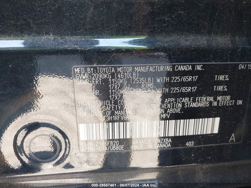 2019 TOYOTA RAV4 LE - 2T3H1RFV8KW026495