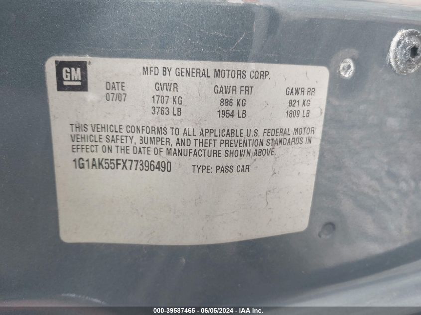 2007 Chevrolet Cobalt Ls VIN: 1G1AK55FX77396490 Lot: 39587465