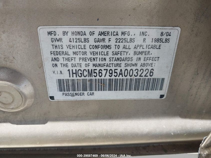 2005 Honda Accord 2.4 Ex VIN: 1HGCM56795A003226 Lot: 39587469