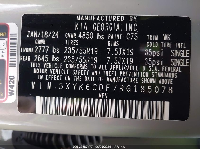 2024 Kia Sportage X-Line VIN: 5XYK6CDF7RG185078 Lot: 39587477
