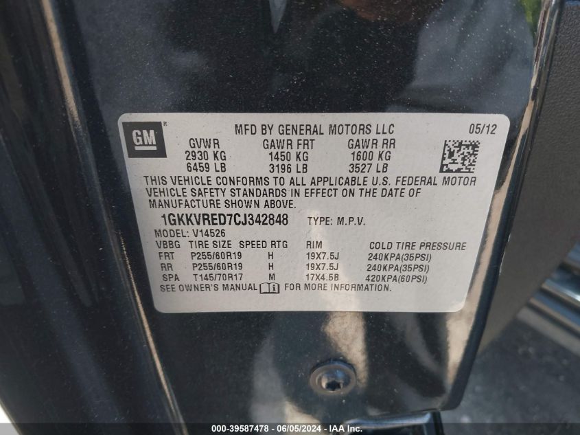 2012 GMC Acadia Slt-1 VIN: 1GKKVRED7CJ342848 Lot: 39587478