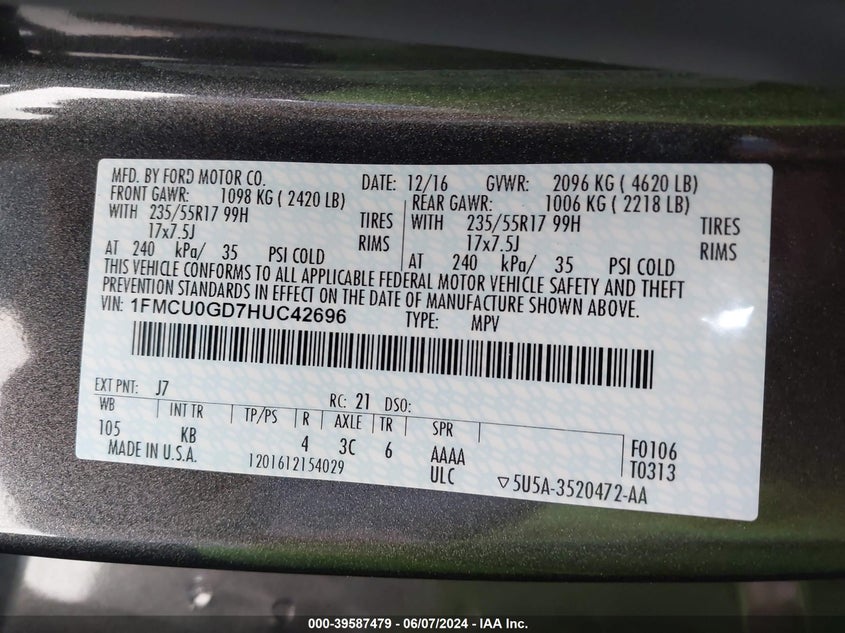 2017 Ford Escape Se VIN: 1FMCU0GD7HUC42696 Lot: 39587479