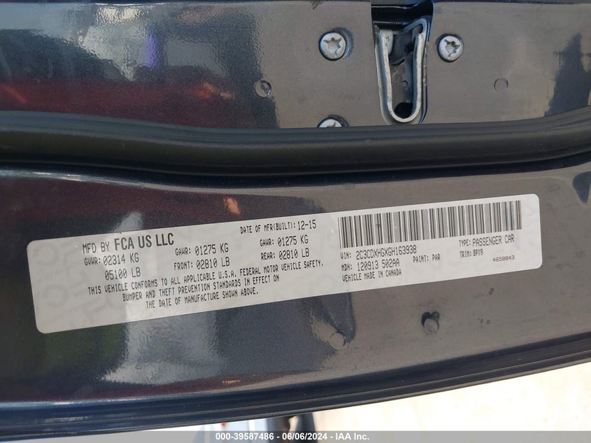 2016 Dodge Charger Sxt VIN: 2C3CDXHGXGH163938 Lot: 39587486