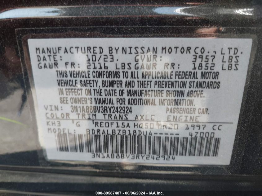 2024 Nissan Sentra S Xtronic Cvt VIN: 3N1AB8BV3RY242924 Lot: 39587487