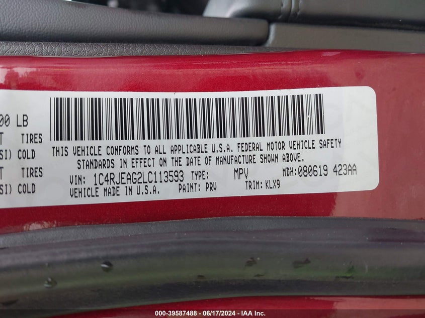 2020 Jeep Grand Cherokee Altitude 4X2 VIN: 1C4RJEAG2LC113593 Lot: 39587488