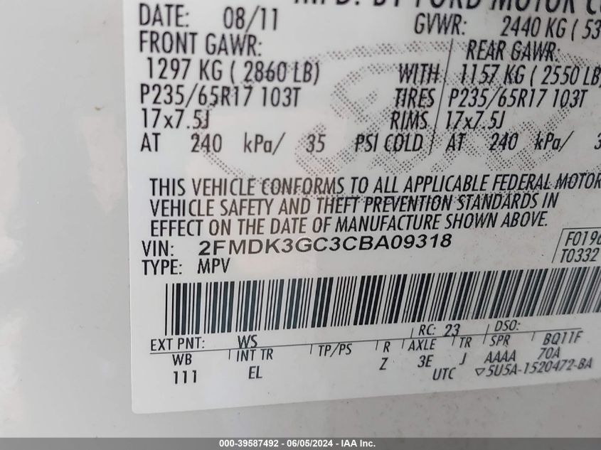 2012 Ford Edge Se VIN: 2FMDK3GC3CBA09318 Lot: 39587492