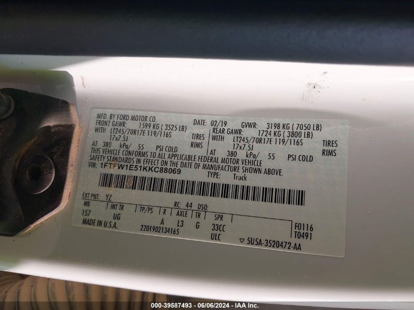 2019 Ford F-150 Xlt VIN: 1FTFW1E51KKC88069 Lot: 39587493