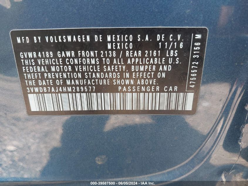 2017 Volkswagen Jetta 1.4T Se VIN: 3VWDB7AJ4HM289577 Lot: 39587500