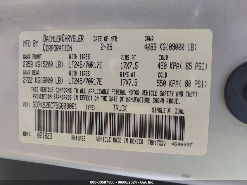 2005 Dodge Ram 2500 St VIN: 3D7KS28C75G808061 Lot: 39587506