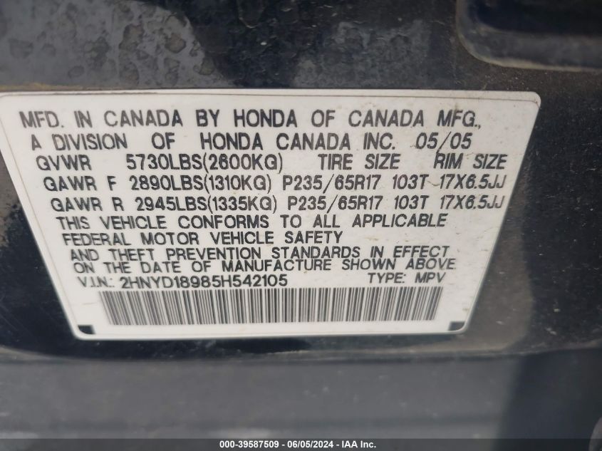 2005 Acura Mdx VIN: 2HNYD18985H542105 Lot: 39587509