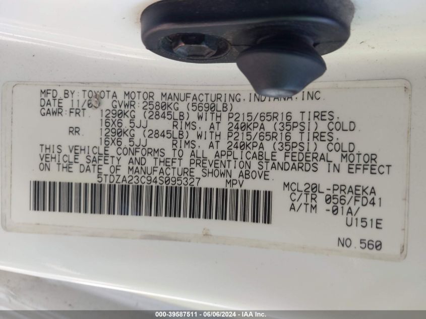 2004 Toyota Sienna Ce VIN: 5TDZA23C94S095327 Lot: 39587511